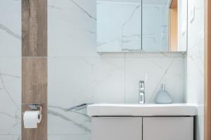 a bathroom with a sink and a mirror at Studio apartma Kamin in Nova Vas