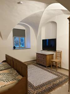 a bedroom with a bed and a flat screen tv at Rittergut Hohenfichte Herrenhaus in Leubsdorf
