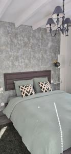 a bedroom with a large green bed with two pillows at Gite "Le Cosy Fleuri" in Champenard