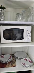 a white microwave sitting on top of a shelf at Gite "Le Cosy Fleuri" in Champenard