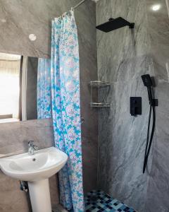 a bathroom with a sink and a shower curtain at Area 46 BnB in Lilongwe