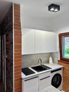 a kitchen with a sink and a brick wall at Kamińsko 640 - Puszcza Zielonka in Kamińsko