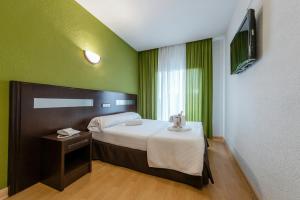 a green room with a bed and a television at Sercotel Las Estrellas in Ciempozuelos