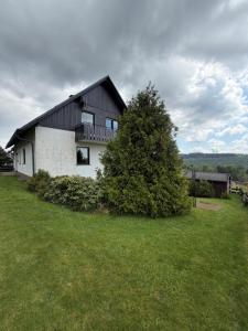 a white house with a black roof and a tree at Haus Aktiv Garten2 in Winterberg