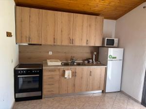 a kitchen with wooden cabinets and a sink and a refrigerator at Natural retreat in Makri