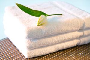 a flower sitting on a pile of towels at Hotel Penz West in Innsbruck