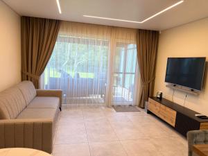 a living room with a couch and a flat screen tv at Riverside Cottage in Palanga