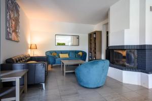 a living room with blue furniture and a fireplace at Le Vogelgarten in Zellenberg