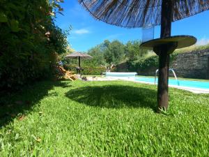 a shadow of a umbrella on the grass next to a pool at Glamping Hills in Santa Comba de Rossas +90 photos