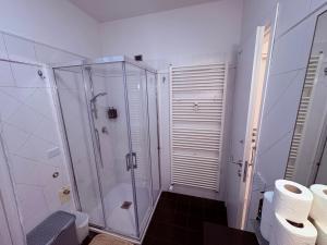 a bathroom with a shower and a toilet at The Desdemona in Pordenone +2 photos