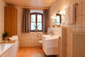 a bathroom with a sink and a toilet and a window at Alpaka Erlebnis-Ruhige Land-Auszeit in Dinkelsbühl