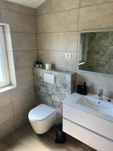 a bathroom with a toilet and a sink at Apartment Panger in Izola +8 photos