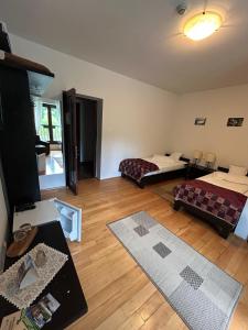a room with two beds and a living room at Mountain-Rest Pension in Miercurea-Ciuc