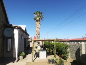 a palm tree in front of a house with a table and chairs at Keetmanshoop Self-catering in Keetmanshoop