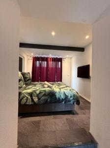 a bedroom with a bed and a red curtain at Beautiful Apartment in Mönchengladbach mit Wintergarten in Mönchengladbach