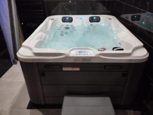 a bath tub filled with blue water in a bathroom at L'Échappée Romantique & Spa Privatif in Foix