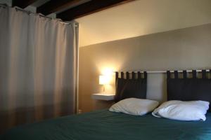 a bedroom with a bed with two pillows and a lamp at Le génépi in Roubion