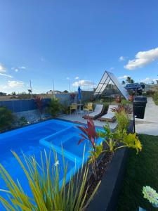 a swimming pool in a yard with plants at Casa Bouganville in Monte das Gameleiras