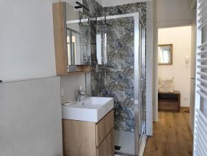 a bathroom with a sink and a shower at Il Lago di Luciana in Intra +8 photos