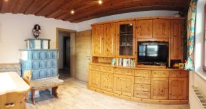 een woonkamer met een tv en houten kasten bij Apart Haus Wachter in Pfunds
