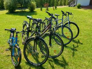 a group of bikes parked in the grass at Mazurska Apartamenty in Rydzewo