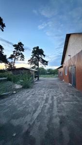 a dirt road next to a building with trees at Дом in Borovoye