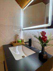 a bathroom sink with a vase of flowers and a mirror at SugarHouse in Da Thanh