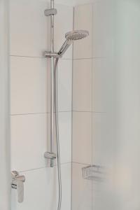 a shower with a glass door and a shower head at Echo am See in Gmunden +24 photos
