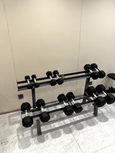a row of black dumbbells in a room at Bishkek Crystal Luxury Smart Hotel Ala-Too Square Branch in Bishkek +33 photos