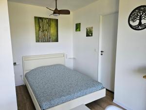 a bedroom with a bed and a ceiling fan at Chambre avec vue in Villefranque