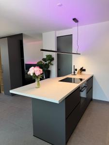a kitchen with a counter with a vase of flowers at Stilvolles Premium Apartment in Haßfurt