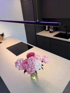 a vase of pink flowers sitting on a counter in a kitchen at Stilvolles Premium Apartment in Haßfurt +5 photos