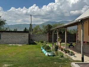 a yard with a row of potted plants at Altyn-Bulak in Kemin