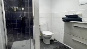 a bathroom with a toilet and a shower with blue towels at Maison bord de mer Calypso in Punta Mujeres +28 photos