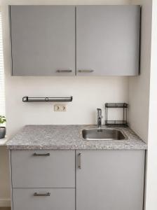 a kitchen with a sink and white cabinets at Plekkenpolhof in Enschede
