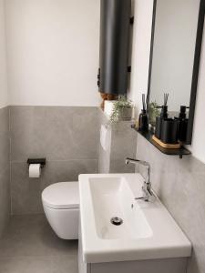 a bathroom with a white sink and a toilet at Plekkenpolhof in Enschede