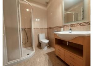 a bathroom with a shower and a sink and a toilet at Check-in casas Mesón Casa Cereza in El Run