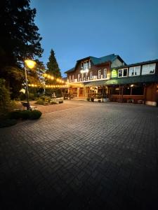 a night view of a building with a street light at Готель Пісня Гір in Ralevka