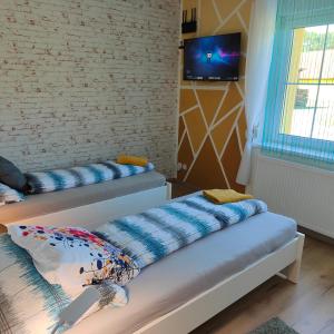 two beds in a room with a tv on a wall at Ferienwohnung Einsiedler - für 4 Personen mit Terrasse und Grill in Windisch Minihof