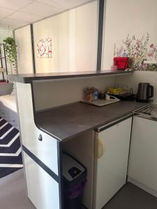a kitchen with white cabinets and a counter top at Ubytování pod Třešní in Telč