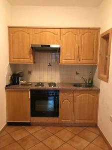 uma cozinha com armários de madeira, um fogão e um lavatório em Biohof Niedereben em Rabla