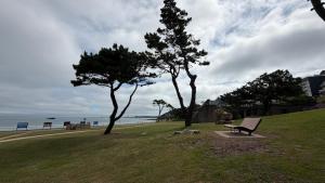 a park with a bench and trees on the beach at Ty-Aganisia Breizh in Perros-Guirec