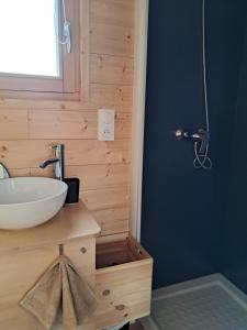 a bathroom with a white sink and a blue wall at Tiny Mélisse in Leimbach