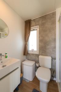 a bathroom with a toilet and a sink and a window at Vela Stina Mobile home in Roč