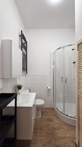 a bathroom with a shower and a sink and a toilet at ENKLAWA Apartamenty in Przemyśl +45 photos