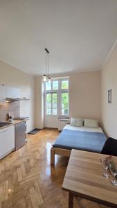 a large bedroom with a bed and a kitchen at ENKLAWA Apartamenty in Przemyśl