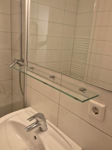 a bathroom with a glass shelf above a sink at Helles Apartment mit Self Check-in in Nuremberg +9 photos