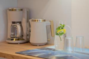 a counter with a blender and a vase with a plant in it at Mellenthin-Lodges "Seeigel" in Fehmarn