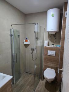 a bathroom with a shower with a toilet and a sink at Sunset S12 Milmari in Raška +20 photos