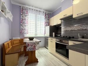 a kitchen with purple walls and a stove top oven at Apartament Solankowa Róża in Inowrocław